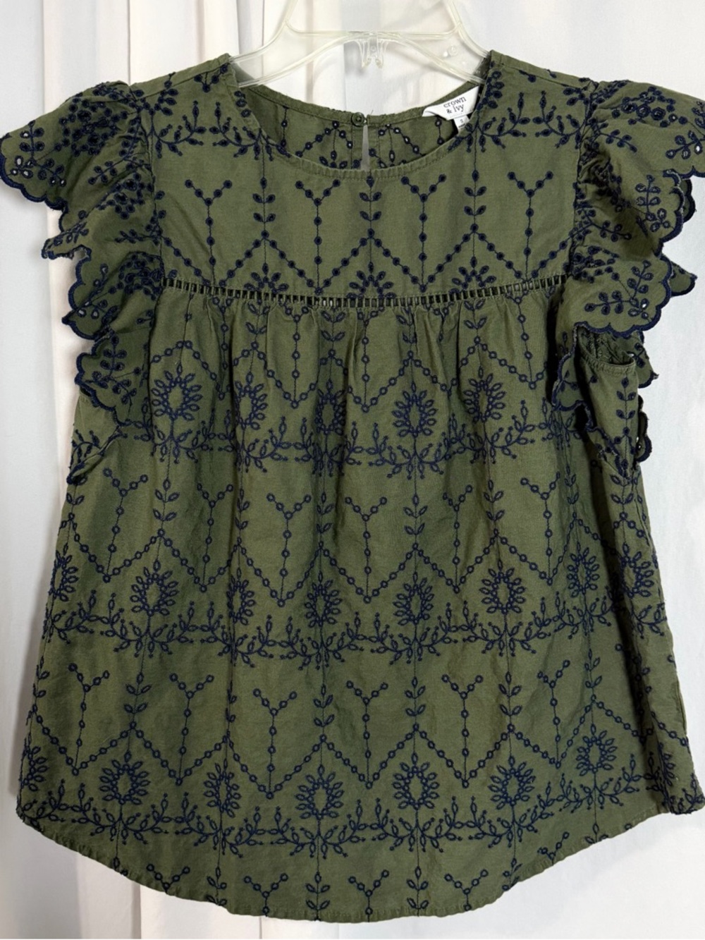 Cown & Ivy Olive Green Embroidered Flutter Sleeve Top